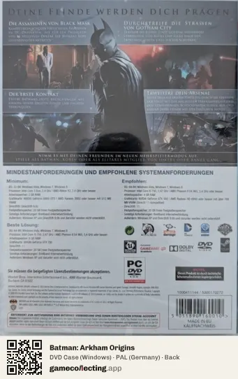 Batman: Arkham Origins Computer, Germany box back