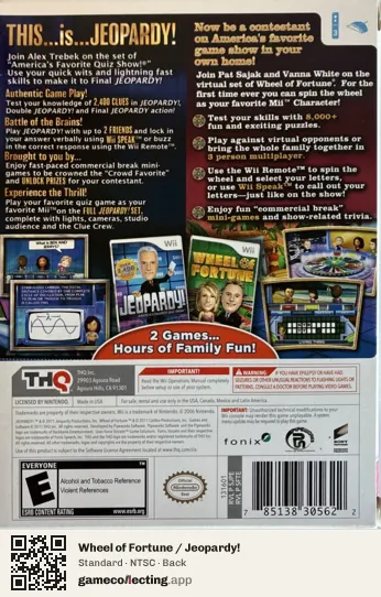Wheel of Fortune / Jeopardy! Nintendo Wii, NTSC box back
