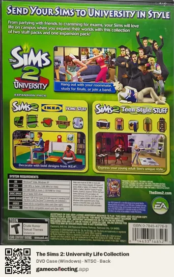 The Sims 2: University Life Collection Computer, NTSC box back
