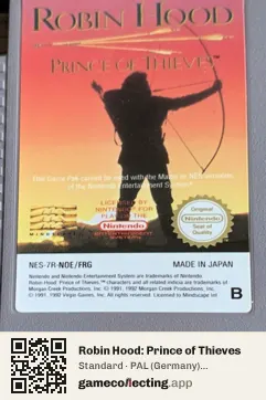 Robin Hood: Prince of Thieves Nintendo Entertainment System, PAL cartridge label