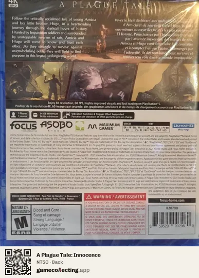 A Plague Tale: Innocence PlayStation 5, NTSC box back