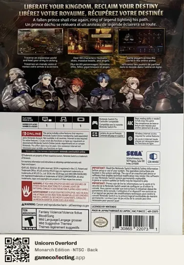 Unicorn Overlord Nintendo Switch, NTSC box back