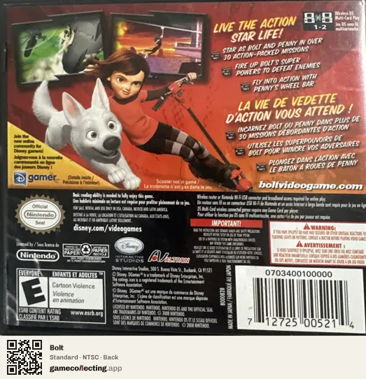 Bolt Nintendo DS, NTSC box back