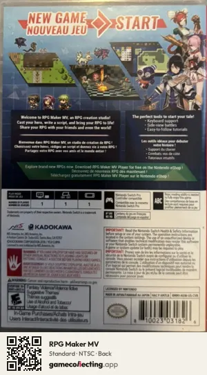 RPG Maker MV Nintendo Switch, NTSC box back