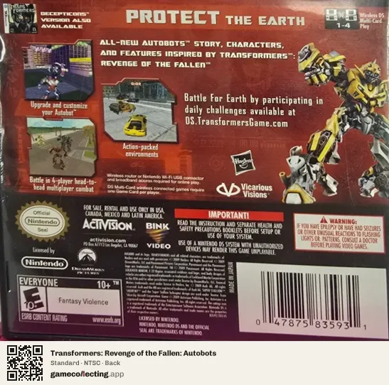 Transformers: Revenge of the Fallen: Autobots Nintendo DS, NTSC box back