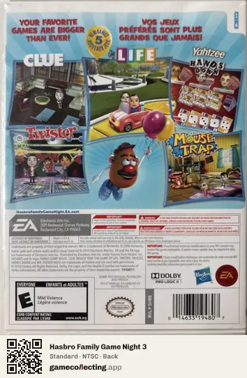 Hasbro Family Game Night 3 Nintendo Wii, NTSC box back