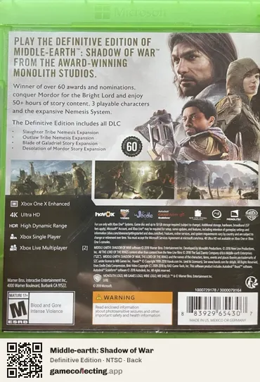 Middle-earth: Shadow of War Xbox One, NTSC box back