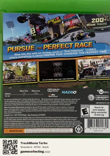 TrackMania Turbo Xbox One, NTSC box back