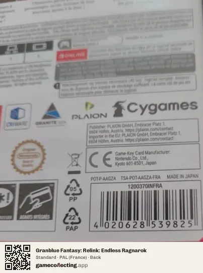 Granblue Fantasy: Relink: Endless Ragnarok Nintendo Switch 2, France box back