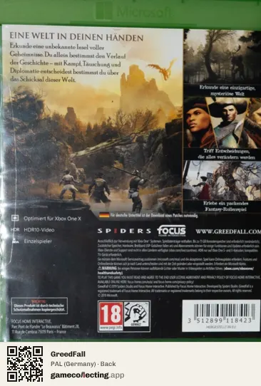 GreedFall Xbox One, Germany box back
