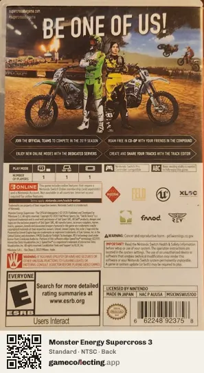 Monster Energy Supercross 3 Nintendo Switch, NTSC box back