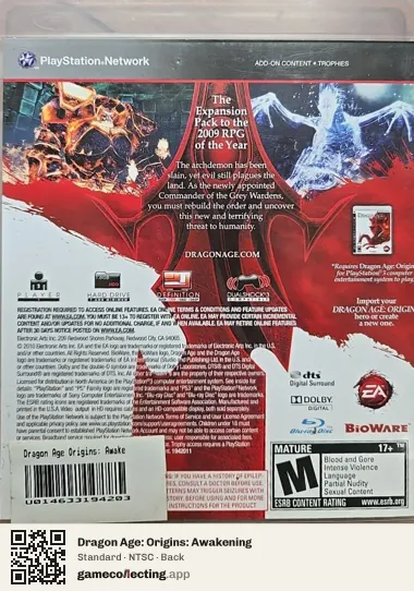 Dragon Age: Origins: Awakening PlayStation 3, NTSC box back