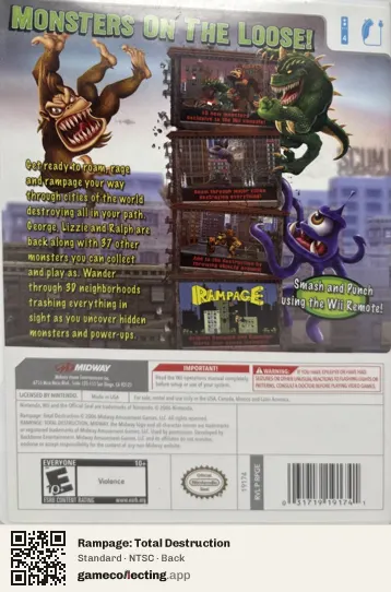 Rampage: Total Destruction Nintendo Wii, NTSC box back