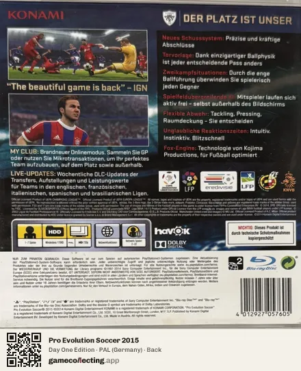 Pro Evolution Soccer 2015 PlayStation 3, Germany box back