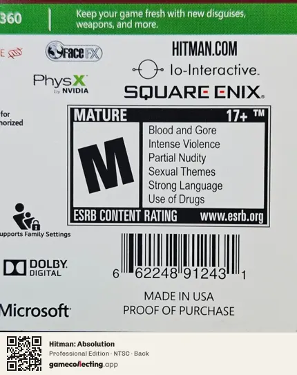 Hitman: Absolution Xbox 360, NTSC box back