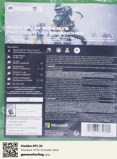 Madden NFL 26 Xbox Series X, Canada box back