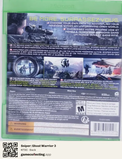 Sniper: Ghost Warrior 3 Xbox One, NTSC box back