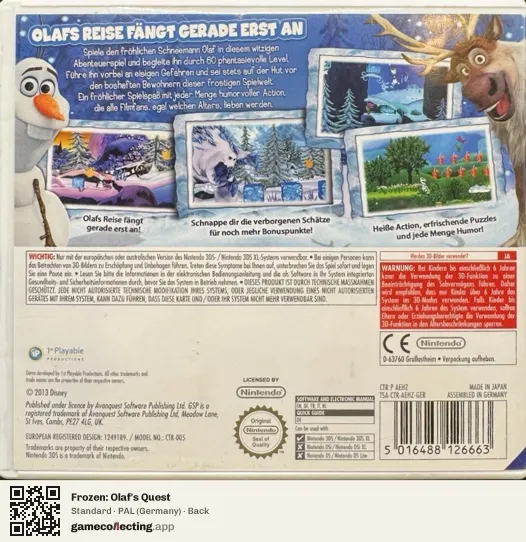 Frozen: Olaf's Quest Nintendo 3DS, Germany box back