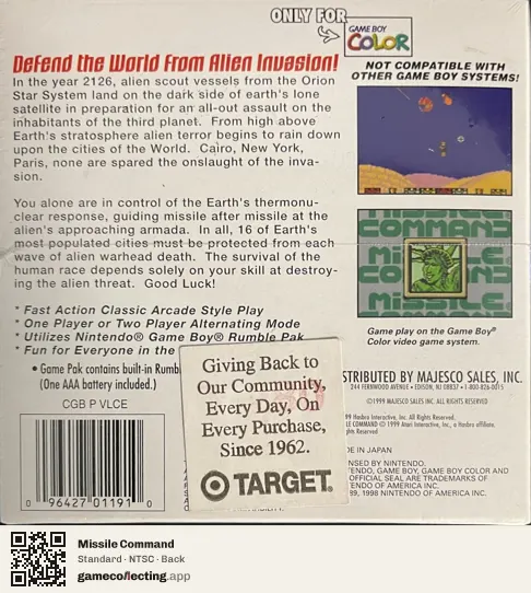 Missile Command Game Boy Color, NTSC box back