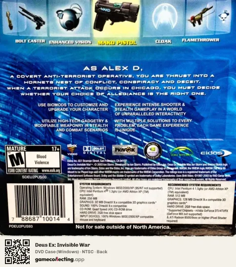 Deus Ex: Invisible War Computer, NTSC box back