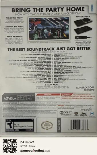 DJ Hero 2 Nintendo Wii, NTSC box back