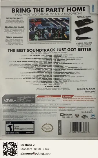 DJ Hero 2 Nintendo Wii, NTSC box back