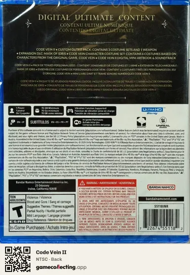 Code Vein II PlayStation 5, NTSC box back