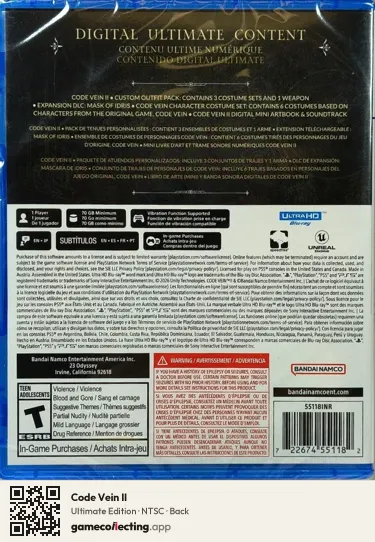 Code Vein II PlayStation 5, NTSC box back