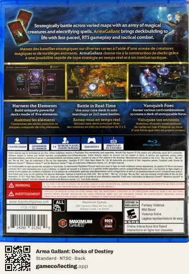 Arma Gallant: Decks of Destiny PlayStation 4, NTSC box back