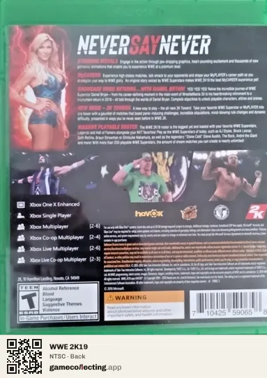 WWE 2K19 Xbox One, NTSC box back