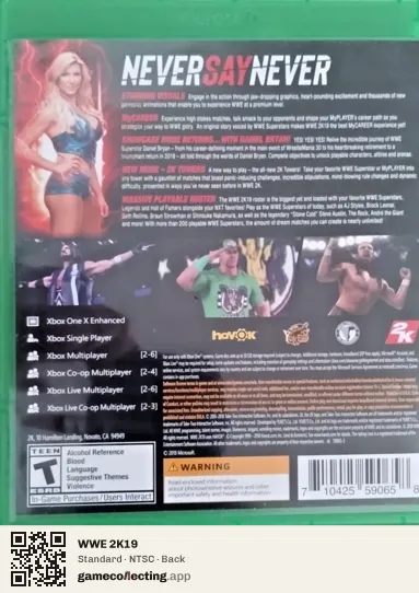 WWE 2K19 Xbox One, NTSC box back