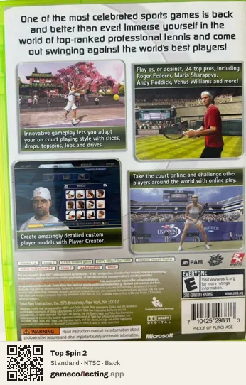 Top Spin 2 Xbox 360, NTSC box back
