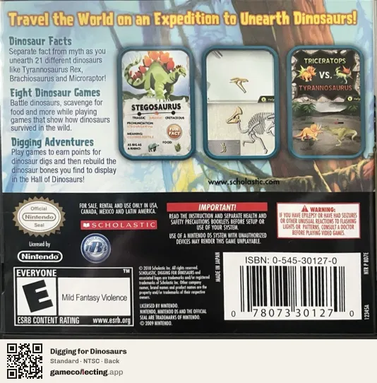 Digging for Dinosaurs Nintendo DS, NTSC box back