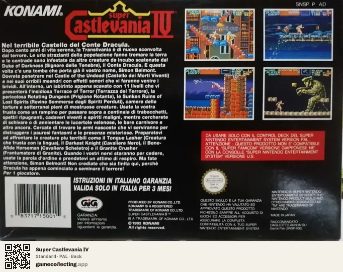 Super Castlevania IV Super Nintendo Entertainment System, PAL box back