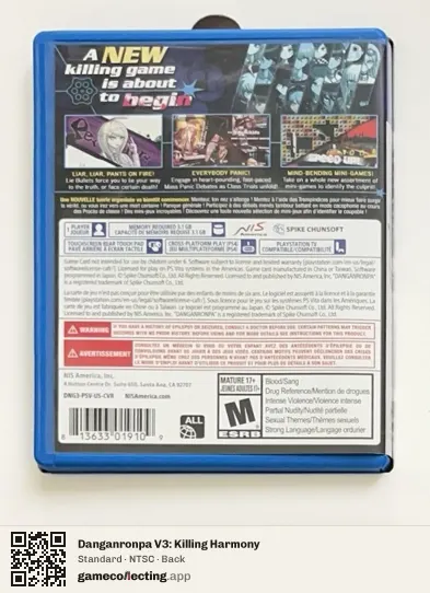 Danganronpa V3: Killing Harmony PlayStation Vita, NTSC box back