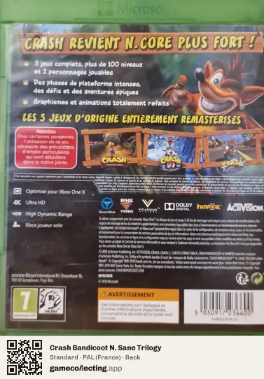 Crash Bandicoot N. Sane Trilogy Xbox One, France box back