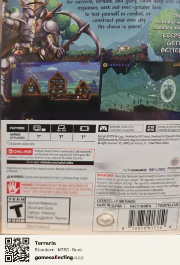 Terraria Nintendo Switch, NTSC box back