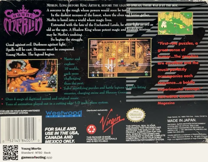 Young Merlin Super Nintendo Entertainment System, NTSC box back