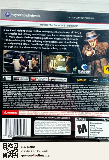 L.A. Noire PlayStation 3, NTSC box back