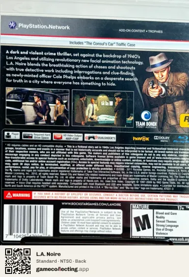 L.A. Noire PlayStation 3, NTSC box back