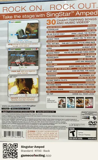 Singstar Amped PlayStation 2, NTSC box back