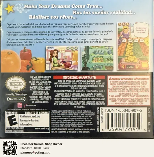 Dreamer Series: Shop Owner Nintendo DS, NTSC box back