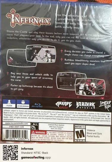 Infernax PlayStation 4, NTSC box back