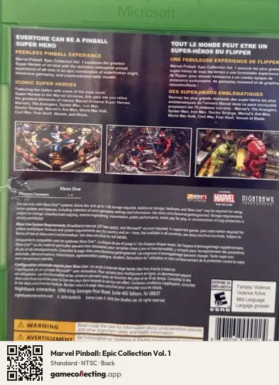 Marvel Pinball: Epic Collection Vol. 1 Xbox One, NTSC box back