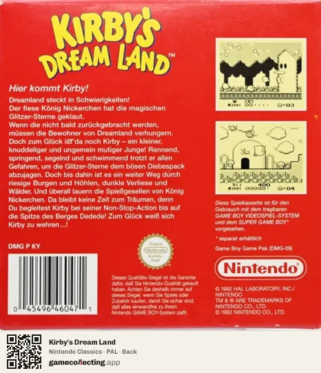 Kirby's Dream Land Game Boy, PAL box back