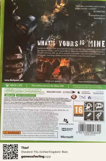 Thief Xbox 360, United Kingdom box back