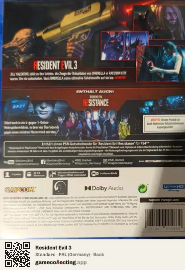 Resident Evil 3 PlayStation 5, Germany box back
