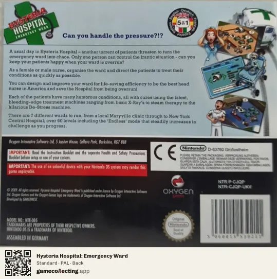 Hysteria Hospital: Emergency Ward Nintendo DS, PAL box back