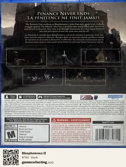 Blasphemous II PlayStation 5, NTSC box back