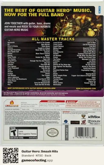 Guitar Hero: Smash Hits Nintendo Wii, NTSC box back
